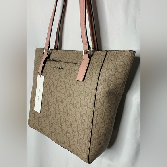 NWT Calvin Klein Monogram Tan Purse Shoulder Bag Pink Straps Gold Hardware